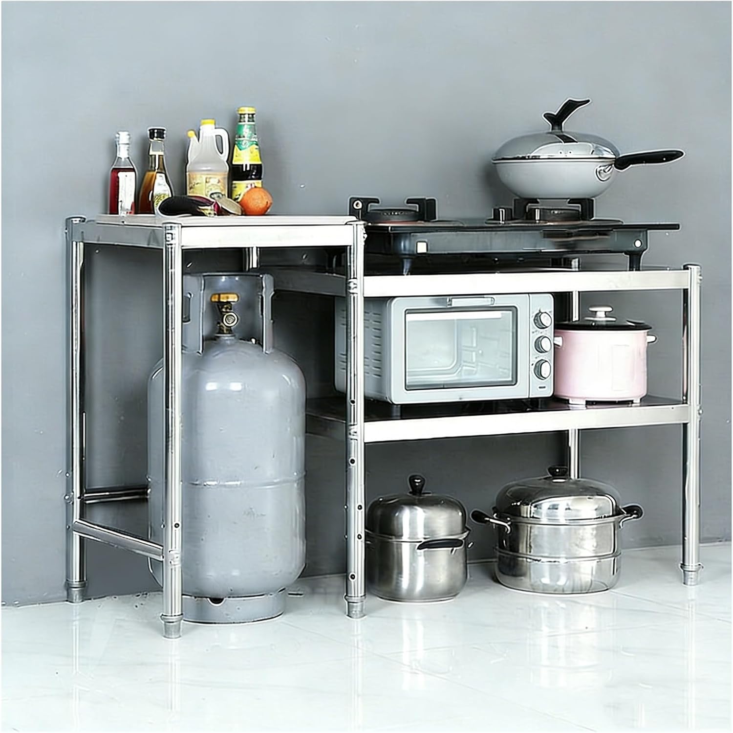 Stainless Steel Workbench Reinforced Columns strengthened crossbeams Kitchen Work Table Brushed Finish Adjustable feet Triangular Structure Bolted Assembly Suitable for Hotels and Warehouses