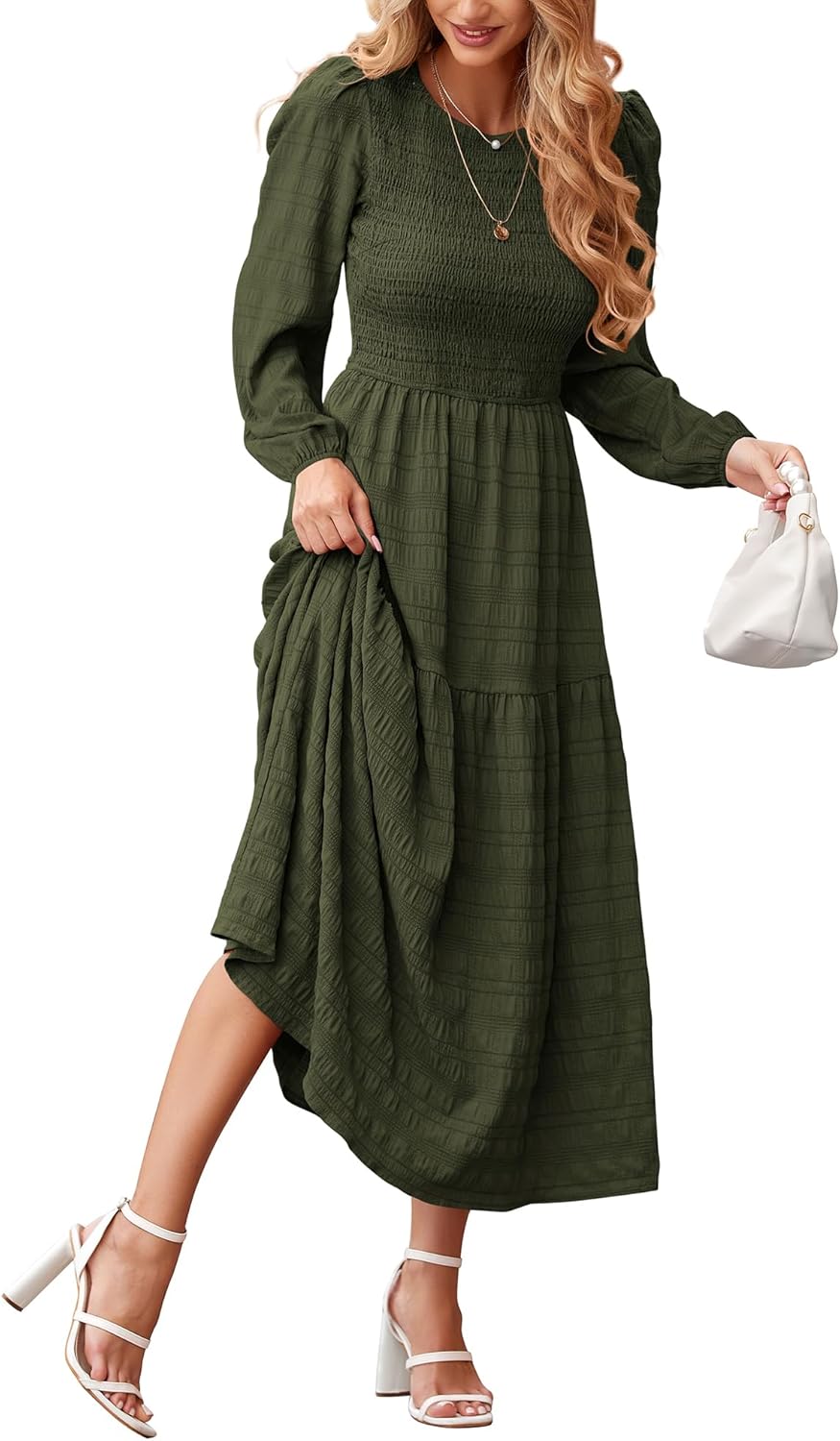 Dowerme Women's Puff Sleeve A-Line Maxi Dress