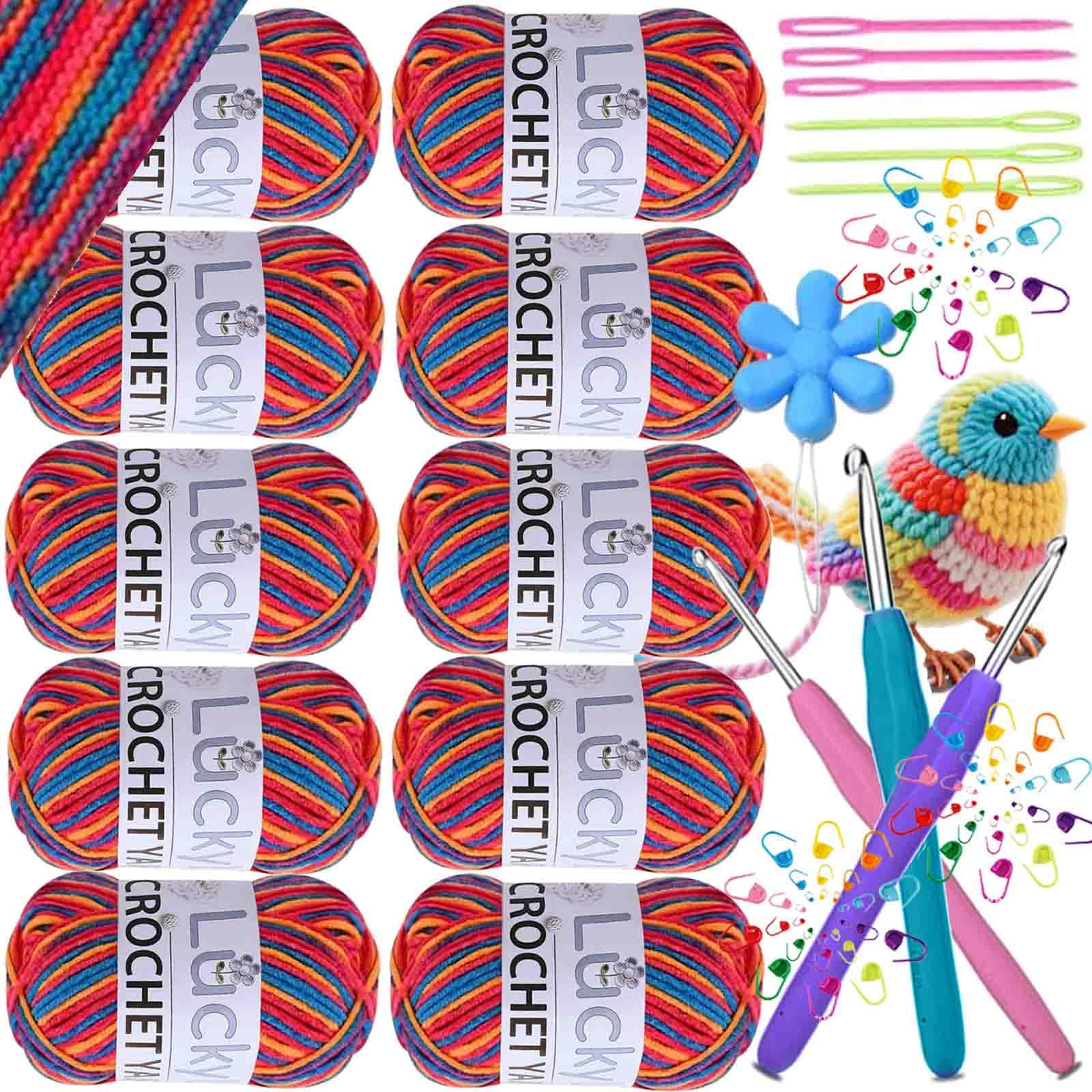 Crochet Yarn Double Knitting Wool (10X50g), Multicoloured Acrylic Yarn Crochet Wool with Aluminum Crochet Hooks Stitch Markers for DIY Amigurumi Craft Blankets Socks Dolls (10 Blue Red Yellow)