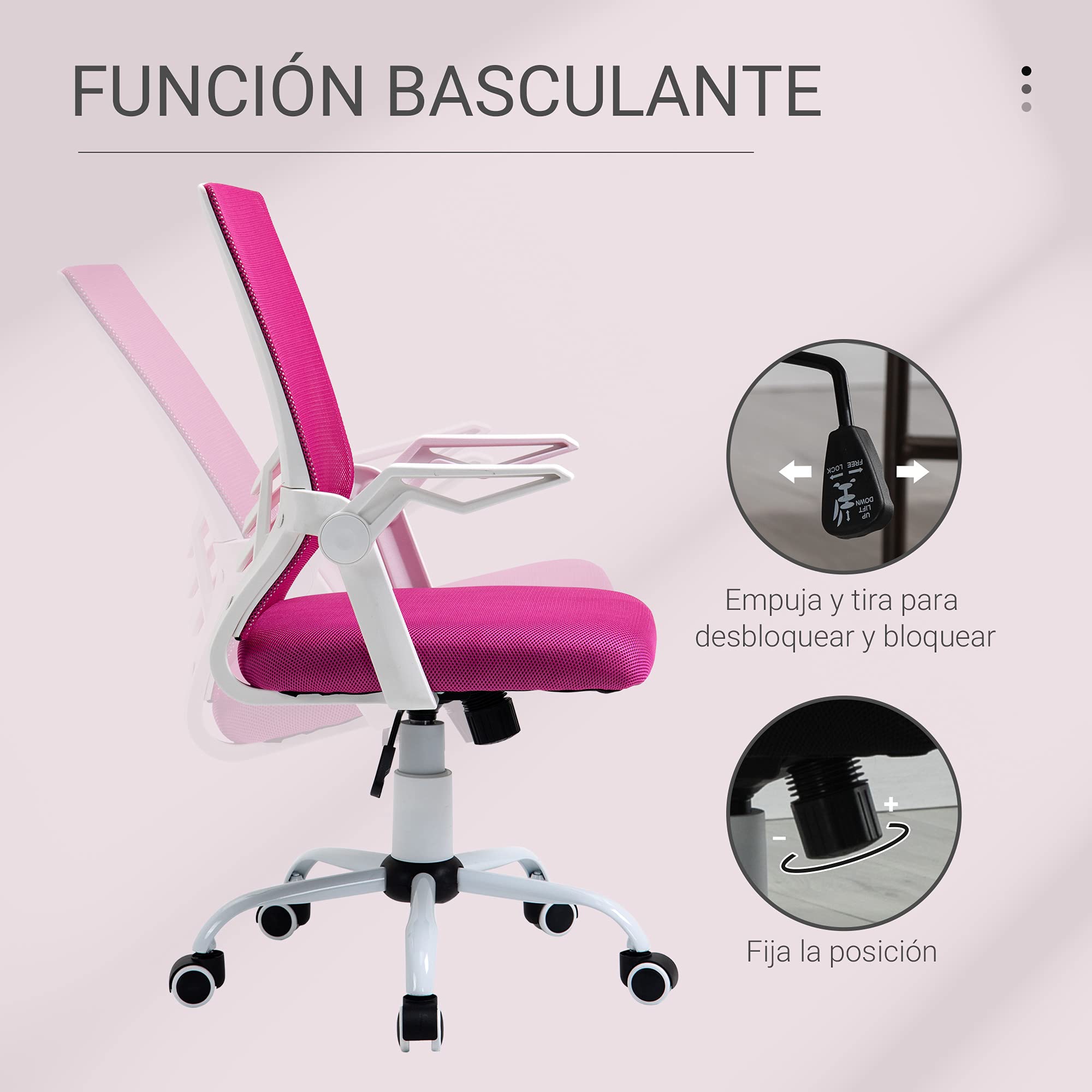 Vinsetto Silla de Oficina Ergonómica Giratoria 62,5x55x94-104 cm Rosa | Silla Escritorio, Altura Ajustable, Reposabrazos Abatible, Soporte Lumbar Transpirable, para Adolescentes Adultos