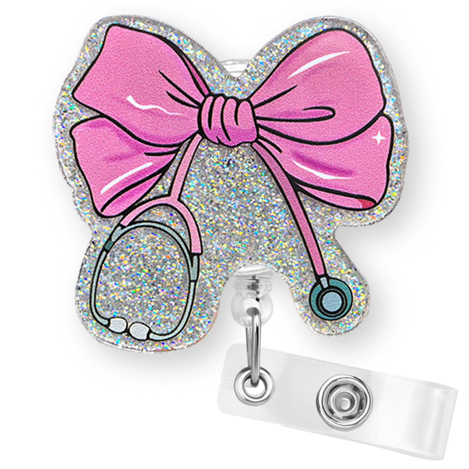 Pink Bow Stethoscope Badge Reel Retractable for Nurse Nursing RN CNA LPN Doctor & Medical Worker, Cute Nurse Badge Accessories, Coquette Bow Badge Holder with Alligator Clip & 24” Durable Nylon Cord