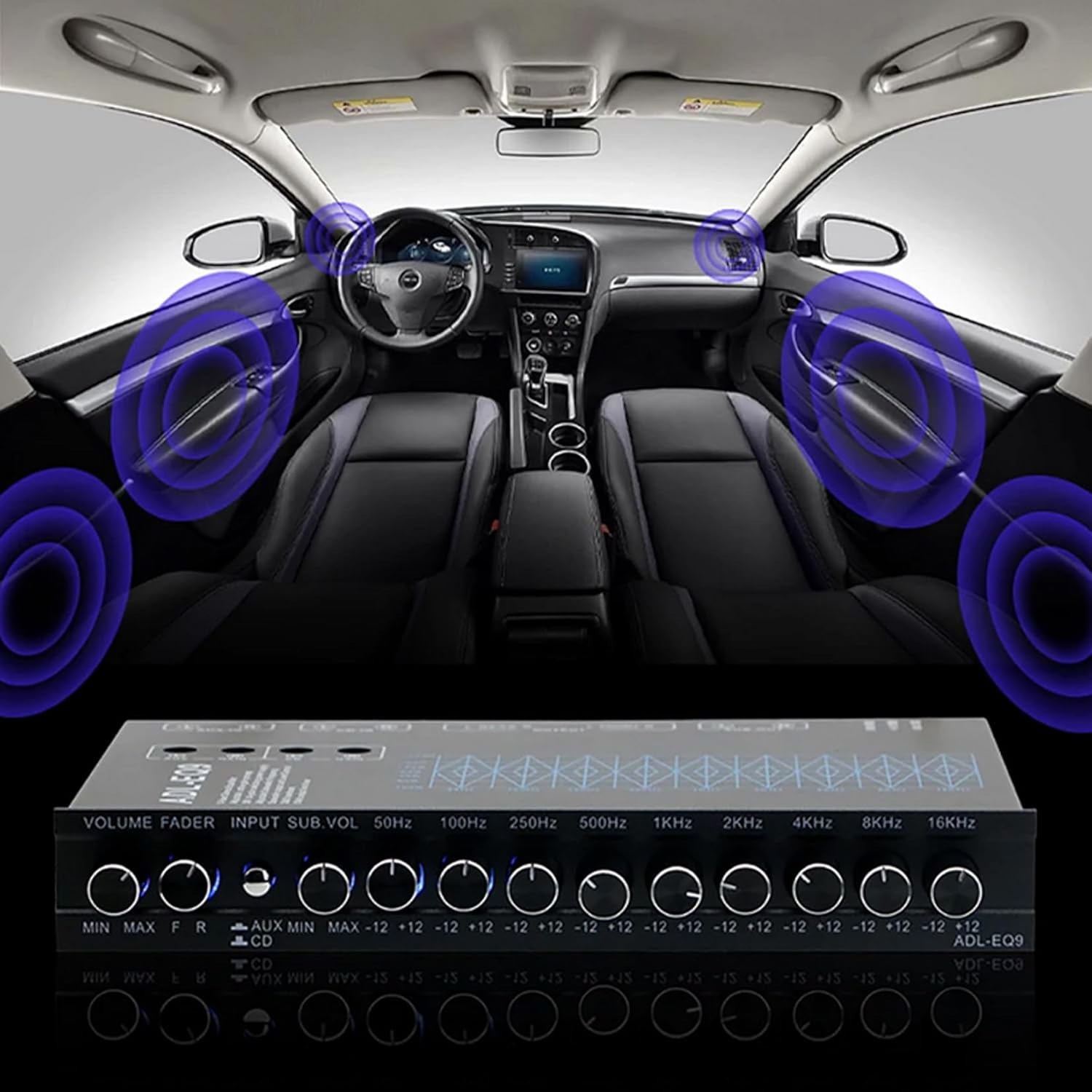 LeTkingok ADL-EQ9 Car Equalizer installed in a car dashboard with sound waves emanating from speakers