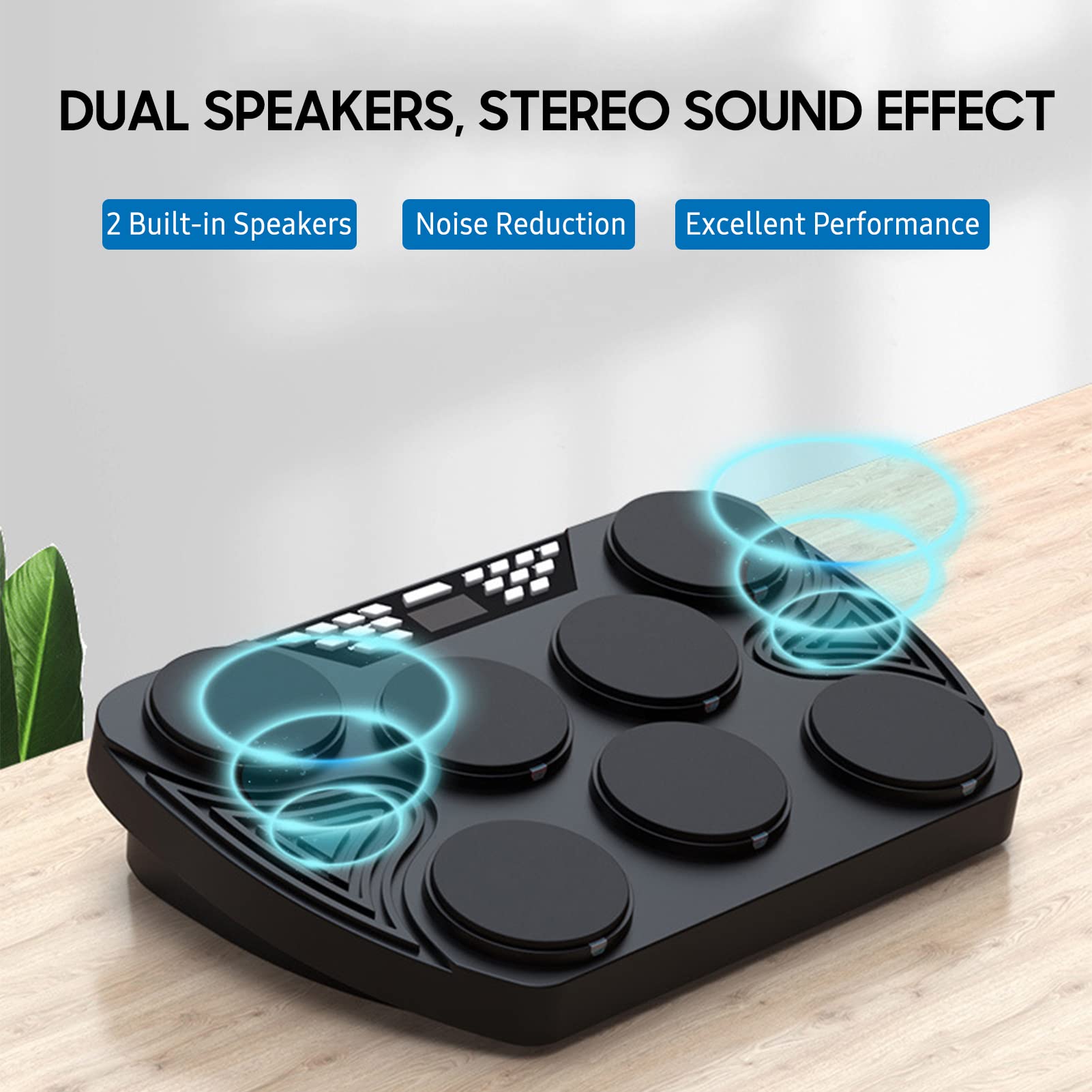 Batteria elettronica portatile, tamburo da tavolo con 7 pad sensibili alla velocità, supporto per pad batteria ricaricabile integrato, ingresso audio per registrazione, per bambini e principianti