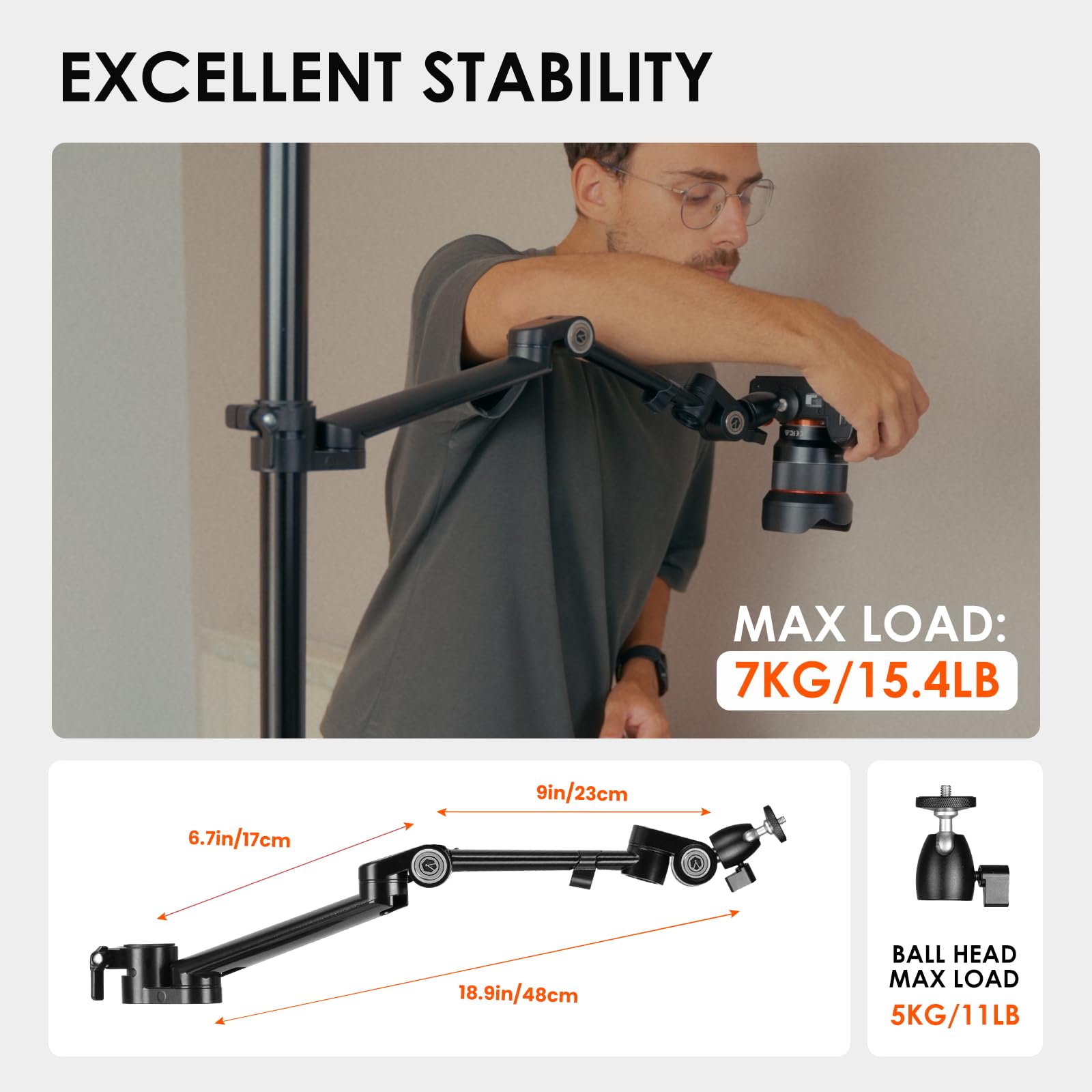 TARION Soporte Modular para cámara de Escritorio, Brazo de Escritorio DSLR de 48 cm con Cabeza esférica de Tornillo de 1/4 Pulgadas Ajustable a 360 Grados, Compatible con Varillas de 35 mm, Brazo