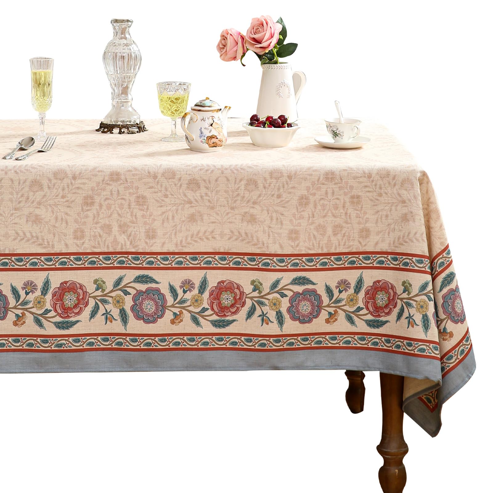 Photo 1 of bilin gaier Beige Linen Small Rectangle Tablecloth,Vintage Indian Style Soft and Colorfast Floral Tablecloths,Decor Table Cover for Kitchen,Dining,Thanksgiving,Christmas,55"*71"-Flowershadow E