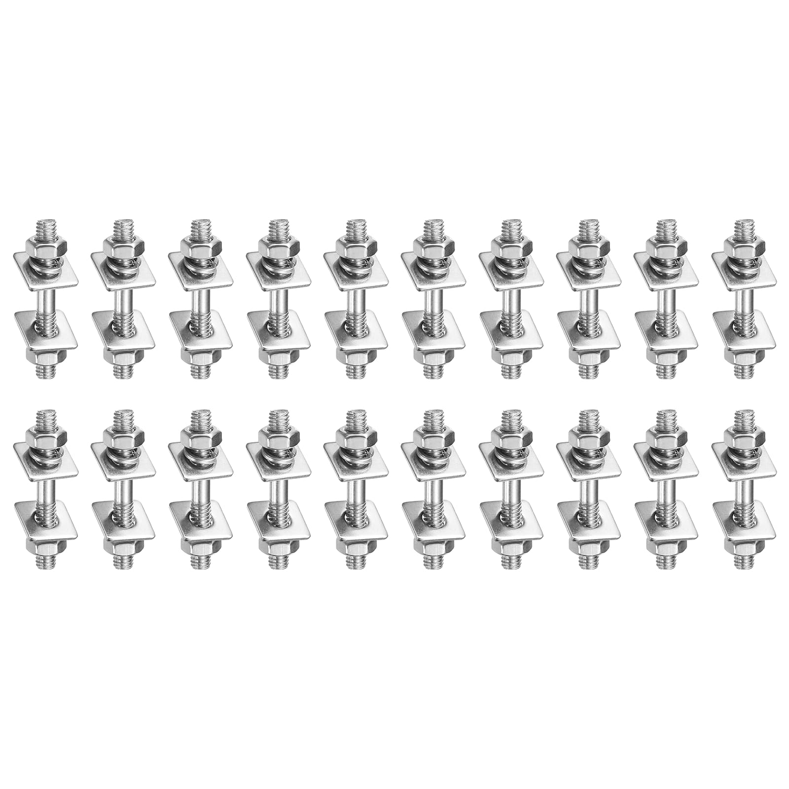 sourcing map 20Pcs M4x30mm 304 Stainless Steel Double End Threaded Stud Screw Bolt with Nuts, Square Flat Washers & Spring Washers for House Maintenance, Silver Tone