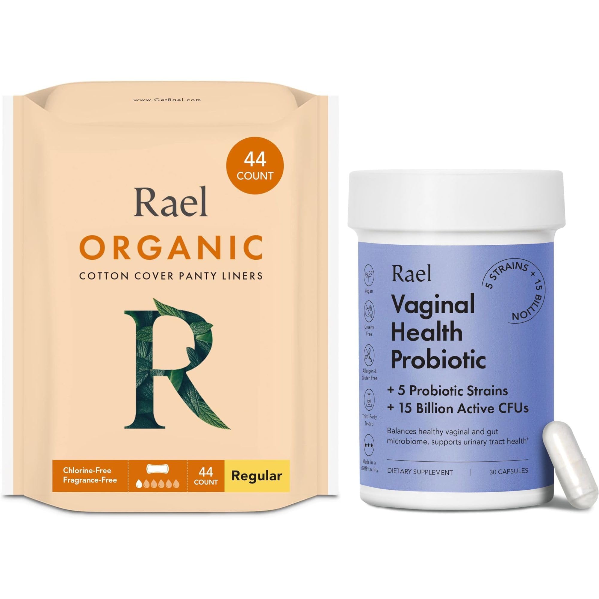 Rael Bundle - Organic Cotton Cover Panty Liners (Regular, 44 Count) & Probiotics Supplements for Women, Digestive Enzymes, Urinary Tract Health (30 Day Supply)
