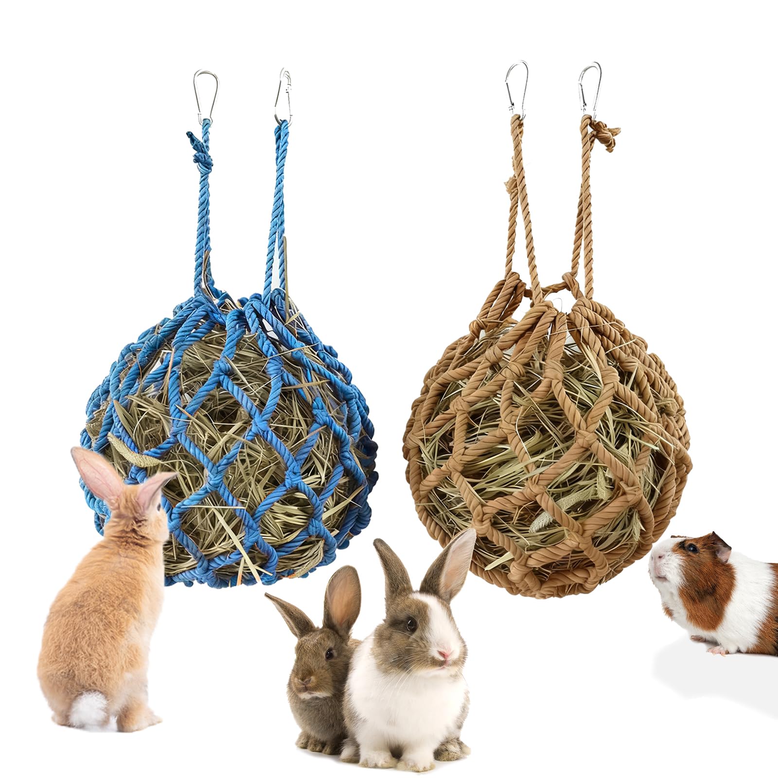2 Pcs Rabbit Hay Feeder Mesh Bags, 2 Metal Hooks Hanging Hay Mesh Bags, Guinea Pig Hay Bags, High-Capacity Bunny Hay Bag for Rabbits, Chinchillas, Hamsters, Small Pets and Animals