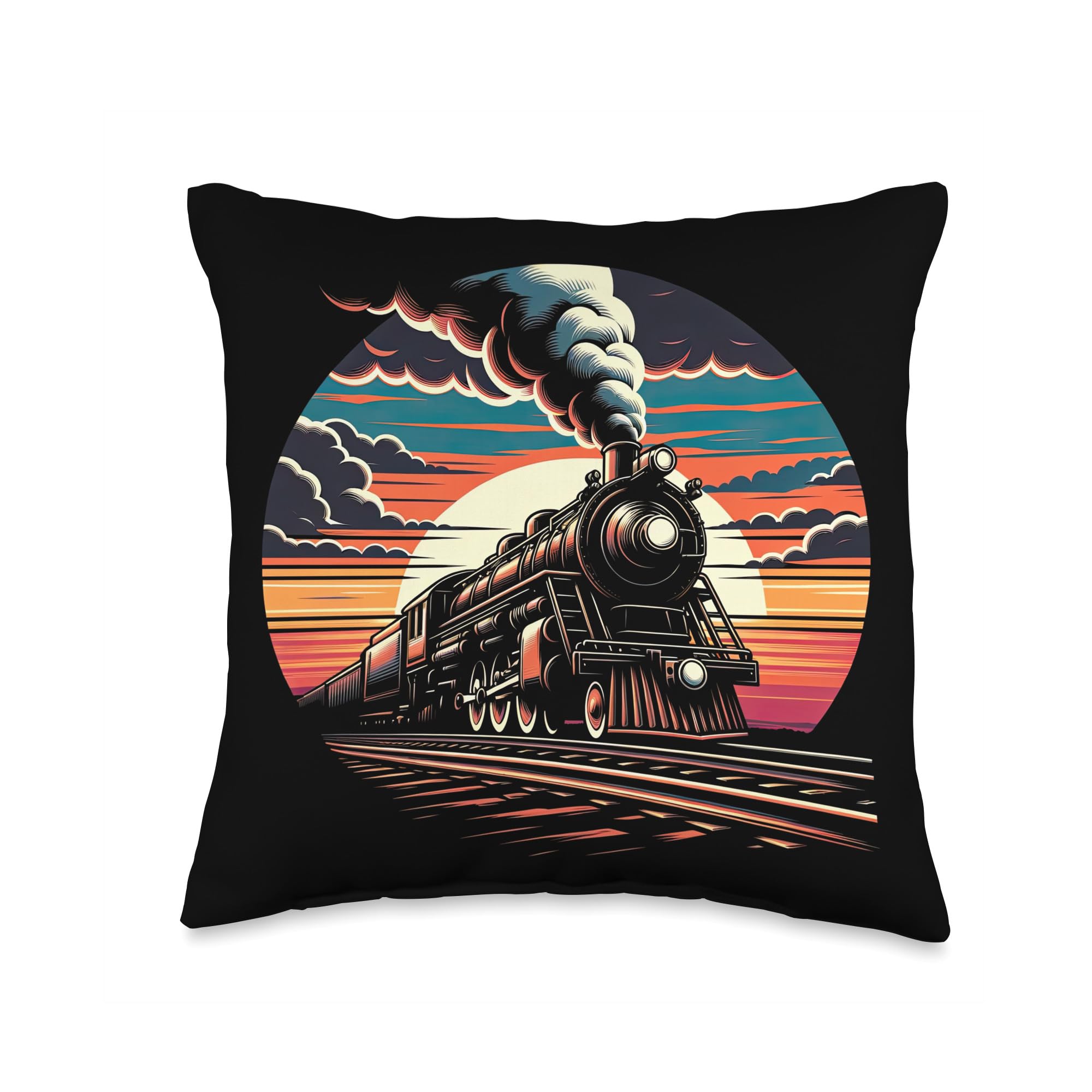 Vintage Steam Engine Train Locomotive Cool Sunset Railroad Throw Pillow
