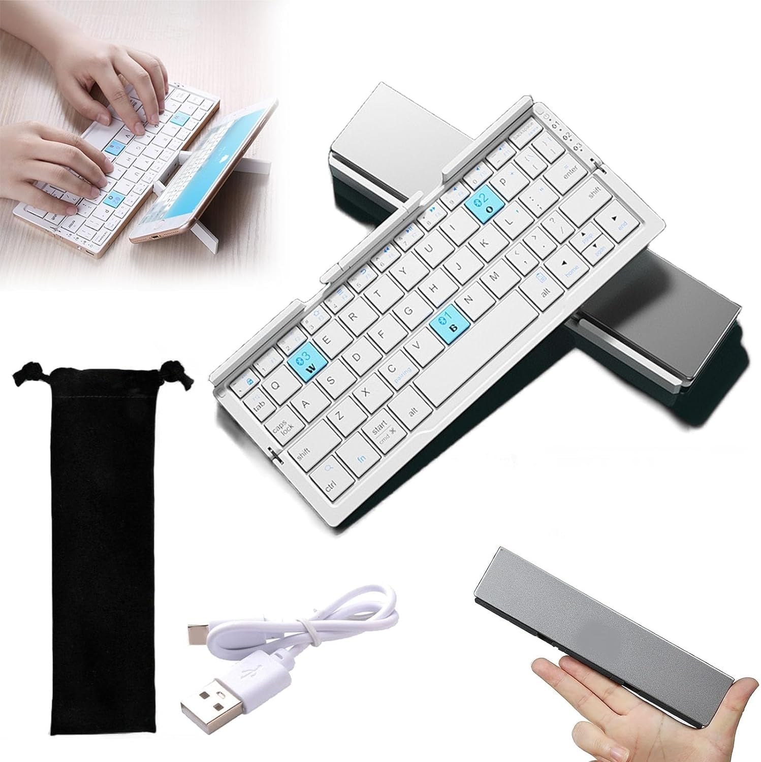 ONGODIE B.O.W. Mini Foldable Keyboard Wireless, Rechargeable Portable Keyboard, Foldable Bluetooth Keyboard, Pocket Size Portable Mini Bt Wireless - One-Click Switching,Folding Travel Keyboard (White)