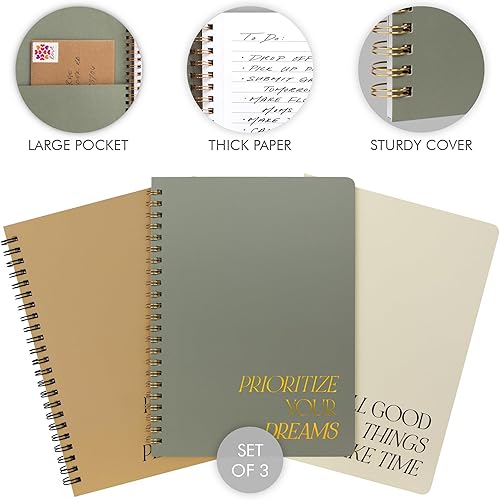 Miniatura 3 de ZICOTO Juego de 3 cuadernos estéticos en espiral, bonitos diarios universitarios de 8 x 6 pulgadas, con bolsillos grandes y páginas forradas,