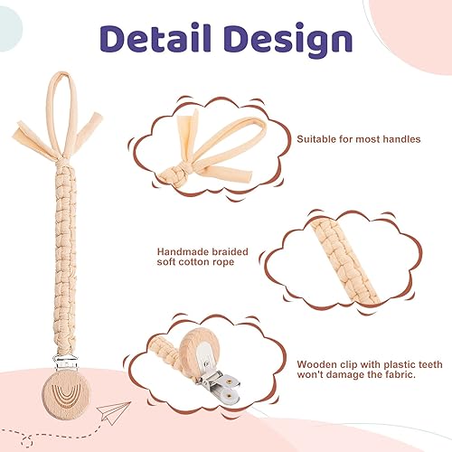 Miniatura 2 de Clip para chupete para niños y niñas, correa de soporte para chupete, estilo bohemio, arcoíris, clips de madera, hechos a mano, de algodón trenzado,