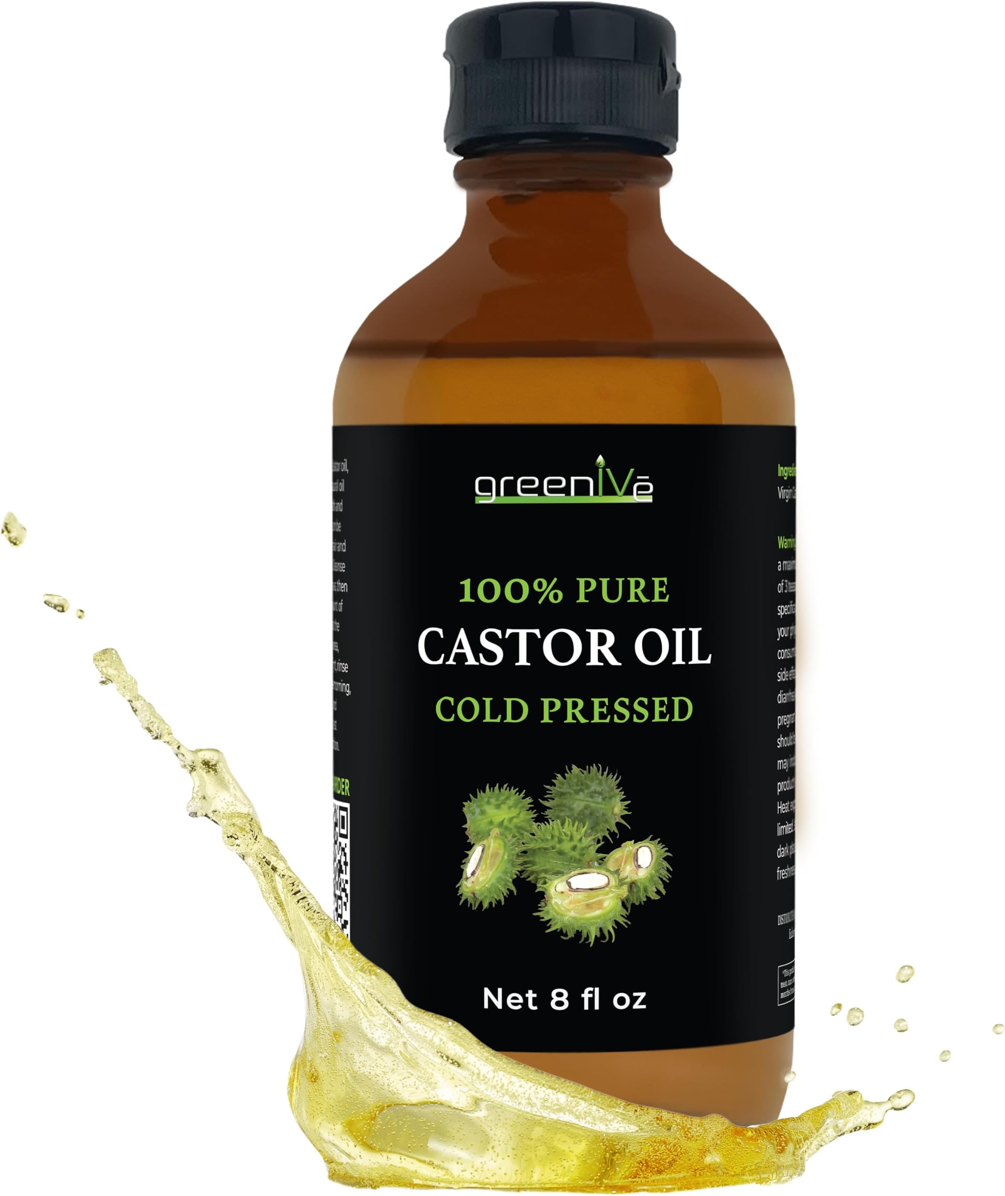 - GreenIVe 100% Pure Castor Oil – Cold-Pressed, Hexane-Free – Hair, Eyebrows, Eyelashes, Skin Moisturizer, Castor Pack Wrap Oil GLASS Bottle (8 Fl Oz)