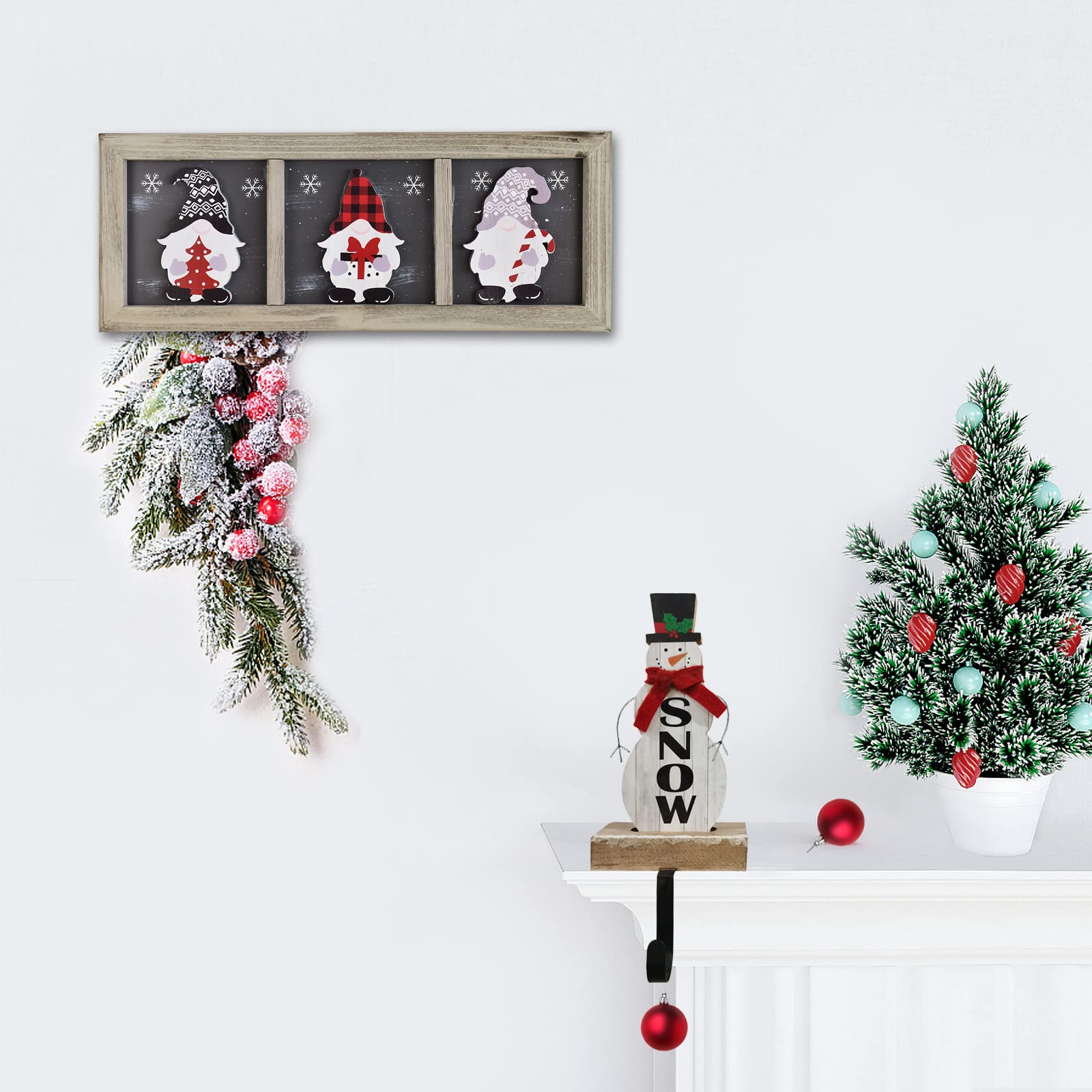 Decoración de muñeco de nieve Soporte de calcetín de Navidad decorativo de madera Letrero de Navidad Figurita de muñecos de nieve Adornos de invierno Percha para Mantel Chimenea Decoración de mesa