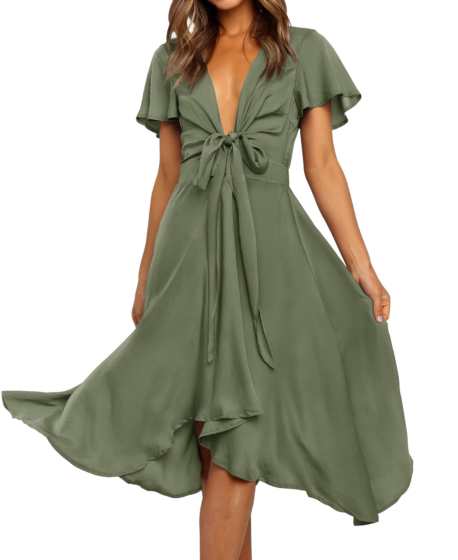 Women's 2023 Summer Satin V Neck Short Sleeve Tie Front Smocked Waist Swing A Line Cocktail Party Midi Dress