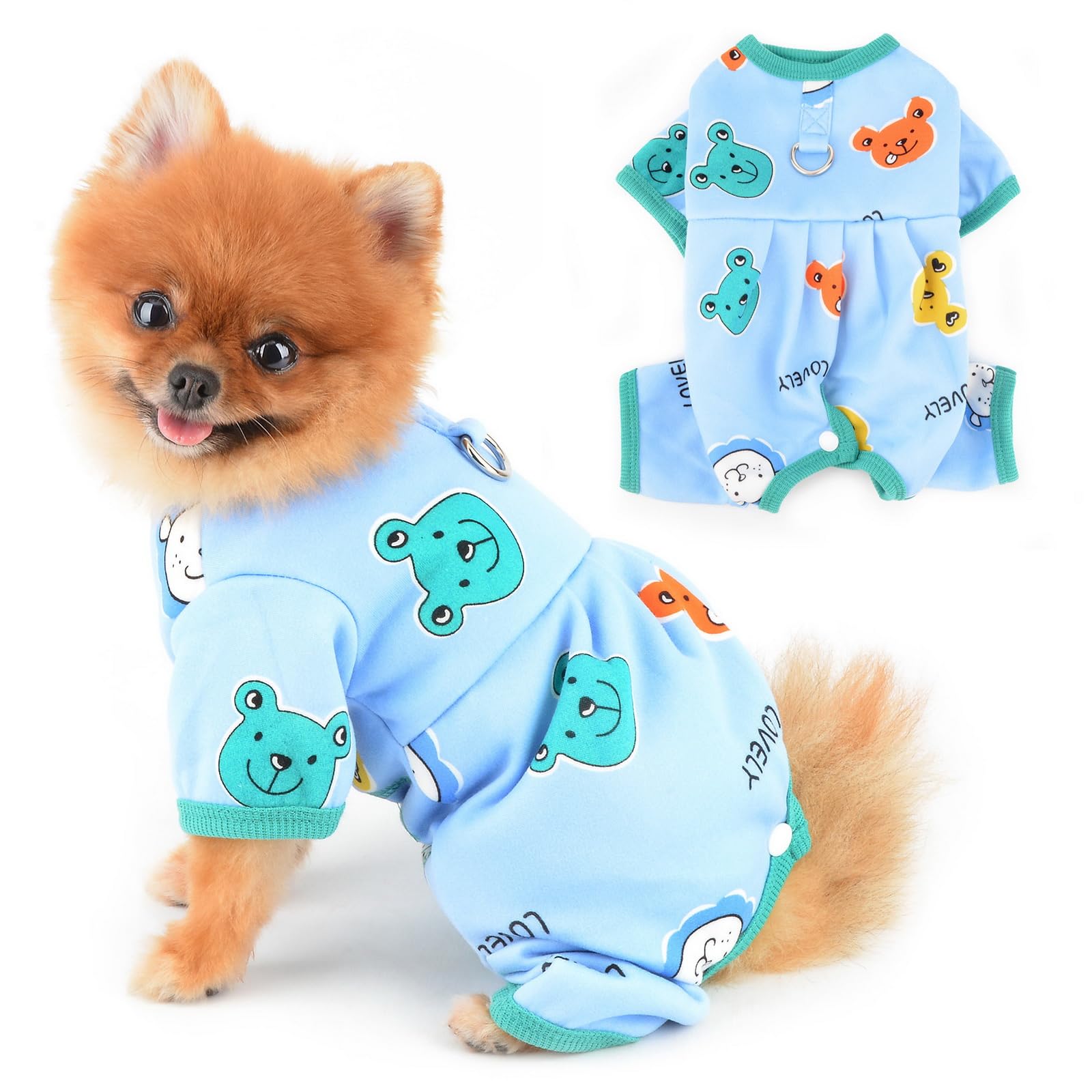 PAIDEFUL Small Dog Fleece Pajamas Pjs Stretchy Soft Doggie Pyjamas with Cute Bear Pet Jumpsuit Puppy Autumn Winter Outfits Warm Chihuahua Clothes Cats Costume D-ring,Blue,XS