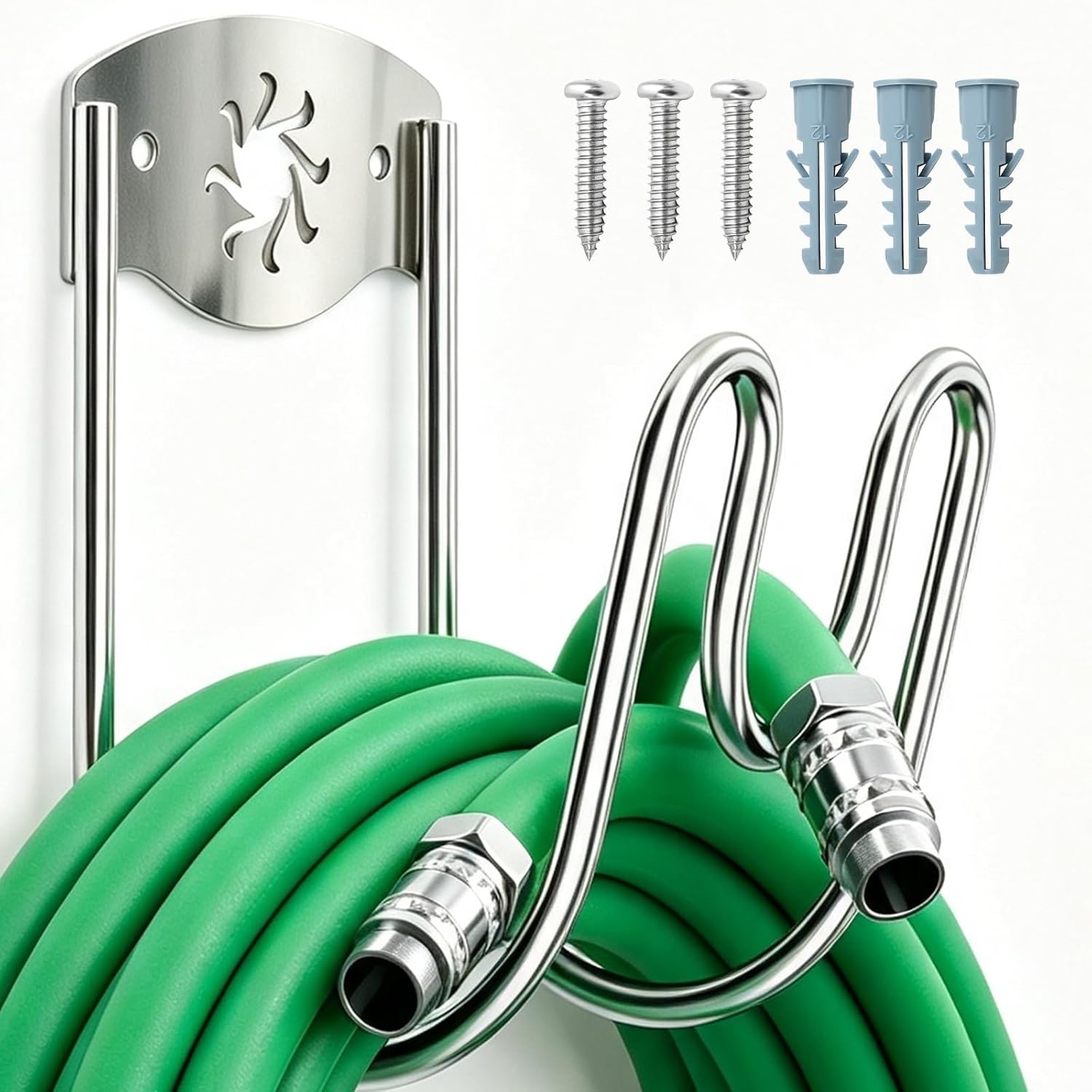 Garden Hose Holder, Silver SS304 Stainless Steel, Wall-Mounted with Nozzle Slot, 60LBS Load Capacity, Suitable for Water Hose, Extension Cords, and Vacuum Hoses, Rust-Proof.
