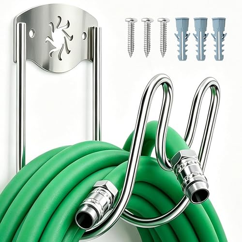 Garden Hose Holder, Silver SS304 Stainless Steel, Wall-Mounted with Nozzle Slot, 60LBS Load Capacity, Suitable for Water Hose, Extension Cords, and Vacuum Hoses, Rust-Proof.