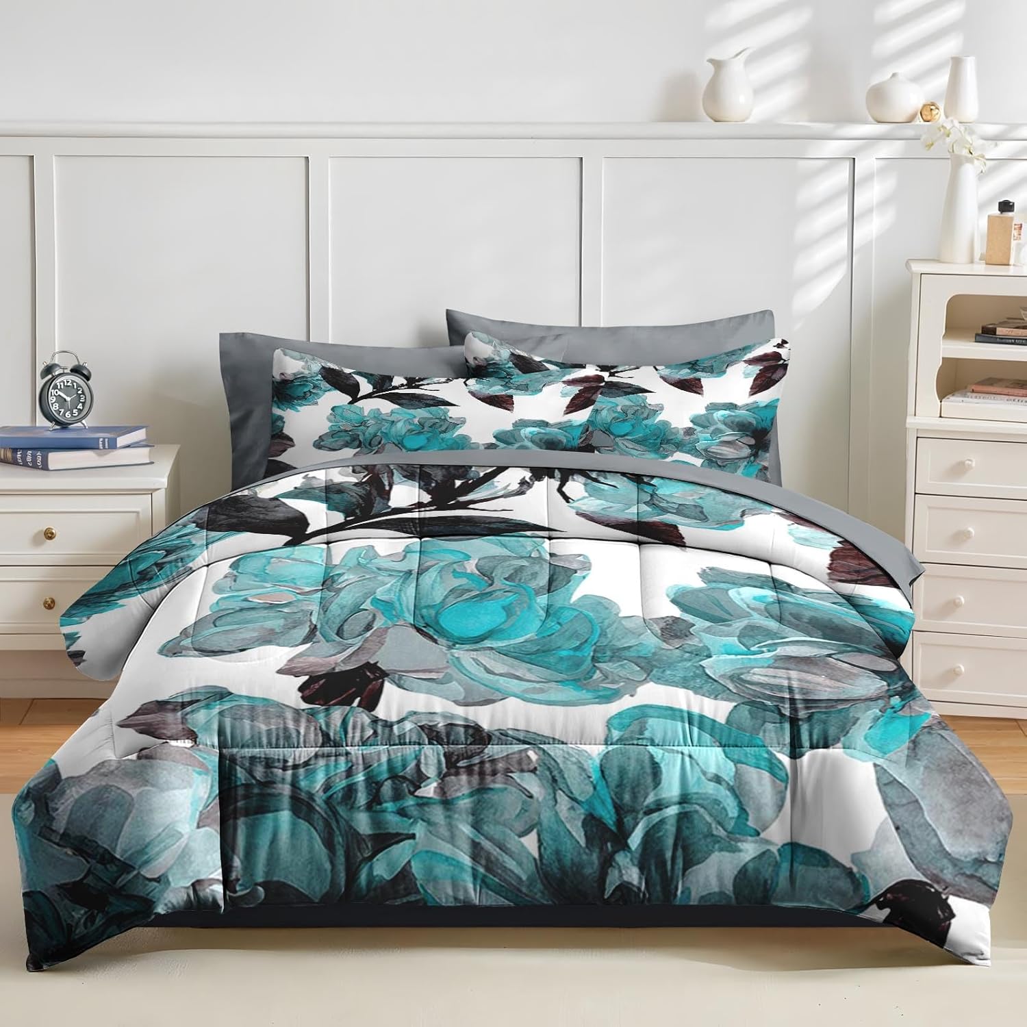 Nesker Comforter Set Queen Size, Teal Turquoise Flower 7 Pcs Bedding for Kids and Adults, Ink Floral Roses Bed Sheet Sets with Fitted Sheet 2 Pillowcases & 2 Shams - Image 3