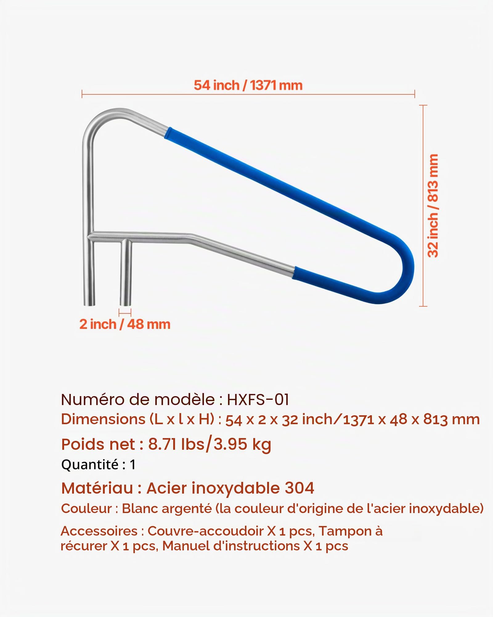 VEVOR Rampe Piscine 137x81 cm Main Courante Piscine Acier Inox 304 Charge 100 kg Barre de Sécurité pour Bords de Piscines, Parcs Aquatiques, Centres Spa, avec Housse Antidérapante, Montage Encastré