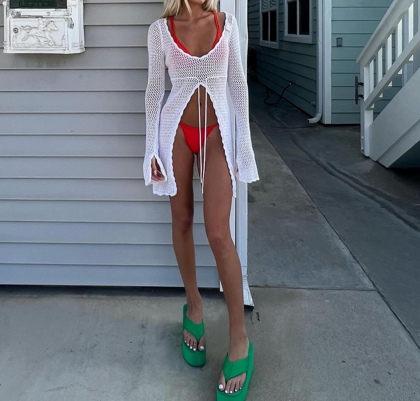 Women Crochet Tunic Beach Cover Up Sexy Front Slit Tie Waist Bikini Bathing Suit Long Sleeve Knit Top Cover Ups