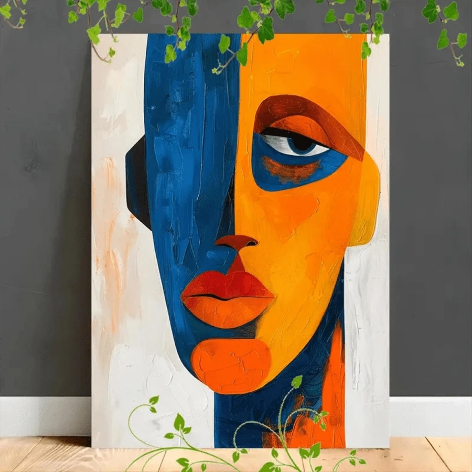 Peinture visage abstrait impression toile moderne orange et bleu - 8