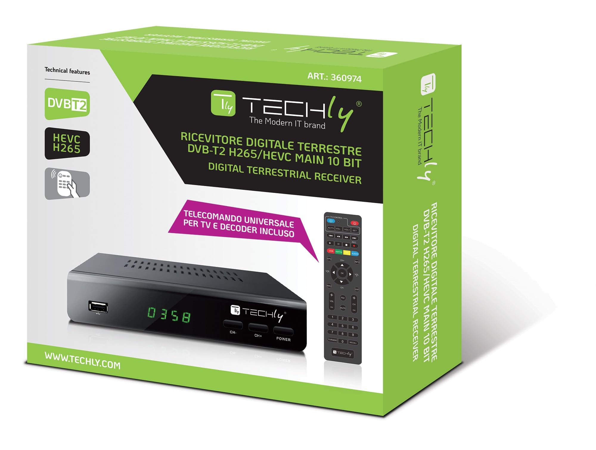 Techly 360974 DVB-T/T2 H.265 HEVC 10bit metalowy dekoder odbiornika cyfrowego, uniwersalny pilot zdalnego sterowania 2 w 1 z zasilaczem 12 V, czarny