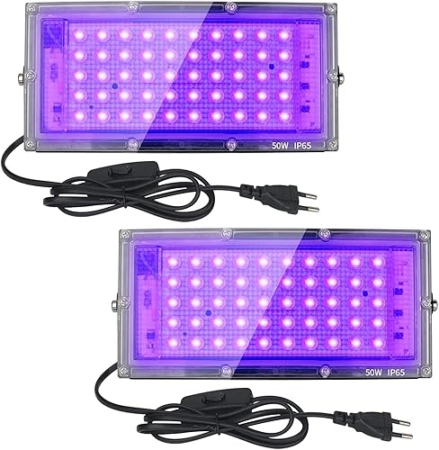 Eleganted 2 Pack 50W Luz UV, Foco UV Ultravioleta, Luz Negra Impermeable IP65, Fluorescente Lámpara de Escenario Blackli