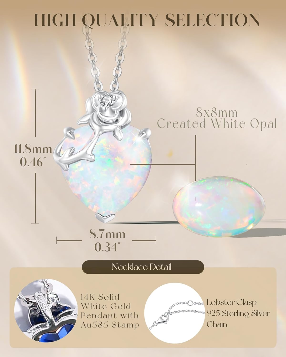 FANCIME 14K Solid White Gold Rose Pendant with Sterling Silver Chain Heart Birthstone Gemstone Fine Jewelry Mothers Day Gifts for Women Her - Image 4
