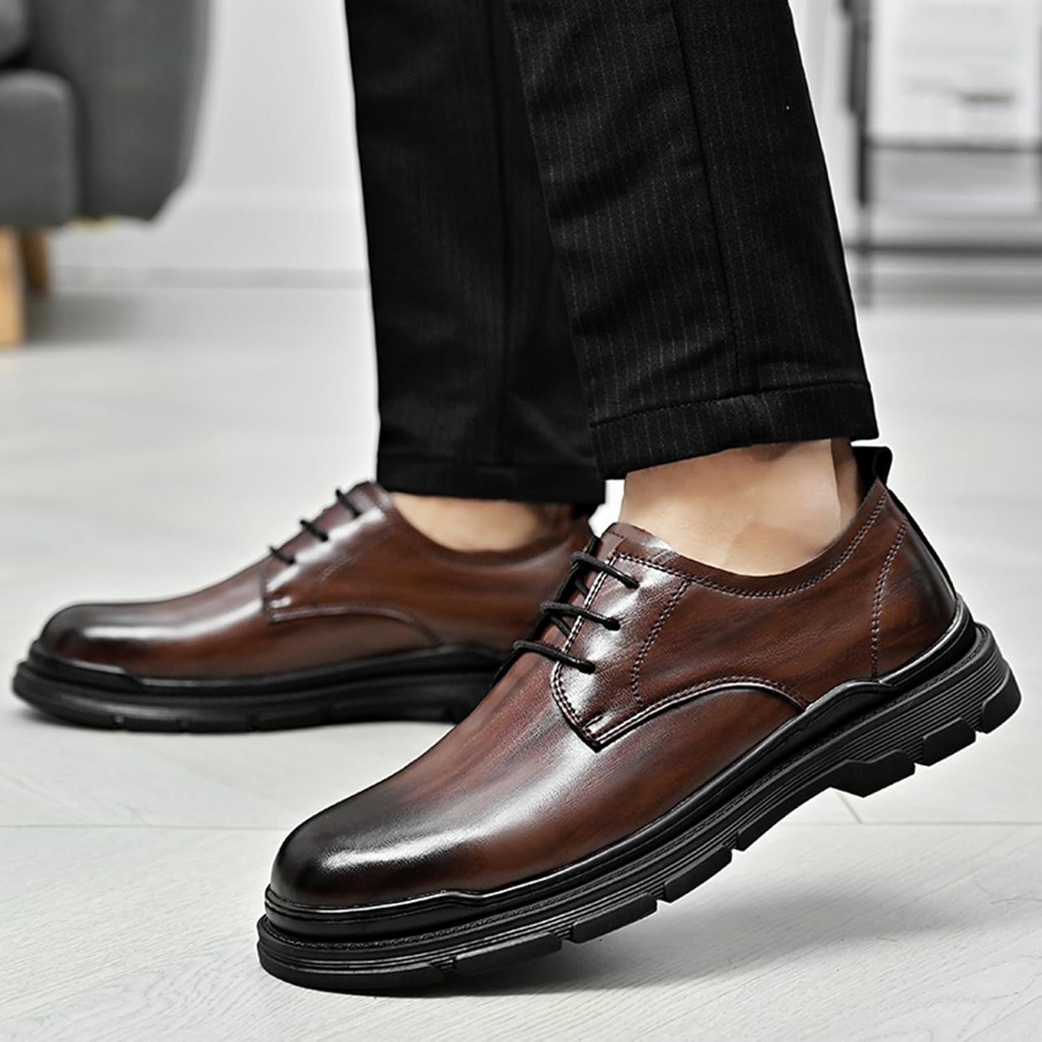 Men's Genuine Leather Lace Up Platform Oxfords Fashion Round Toe Low-Top Soft Sole Non-Slip Dress Derby Shoes Casual Business Wedding Prom Work Formal Shoes - Image 5