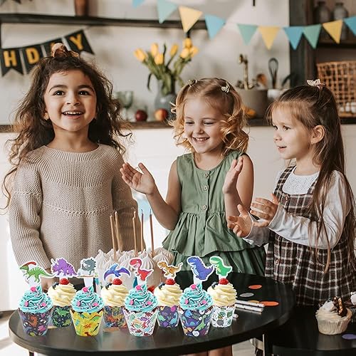Miniatura 7 de 48 piezas de adornos y envoltorios de dinosaurios para cupcakes, dinosaurios de dibujos animados para niños y niñas, fiesta de cumpleaños, baby