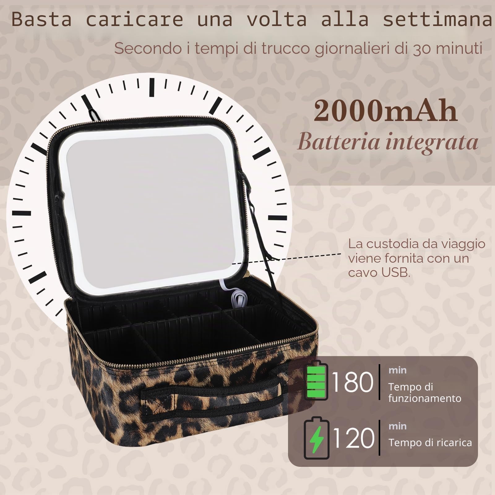 Borsa cosmetica con luce a LED, per il trucco, per viaggi, cosmetici, da donna, regalo per donna, motivo leopardato, misura media, motivo leopardato, medium-sized