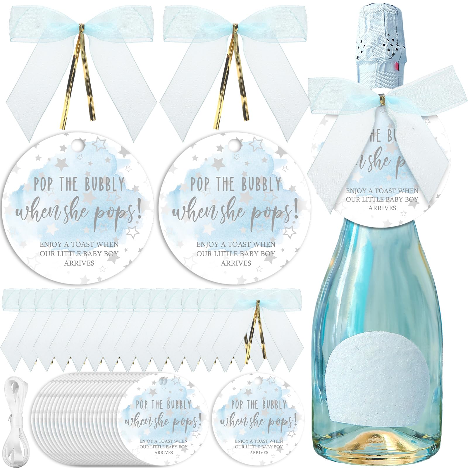 Photo 1 of MotiMind 50 Set Pop Bottle Tags, Champagne Baby Shower Favor Labels When Pops Tags with Bows and Ribbon for Party Guest Gifts(Blue)