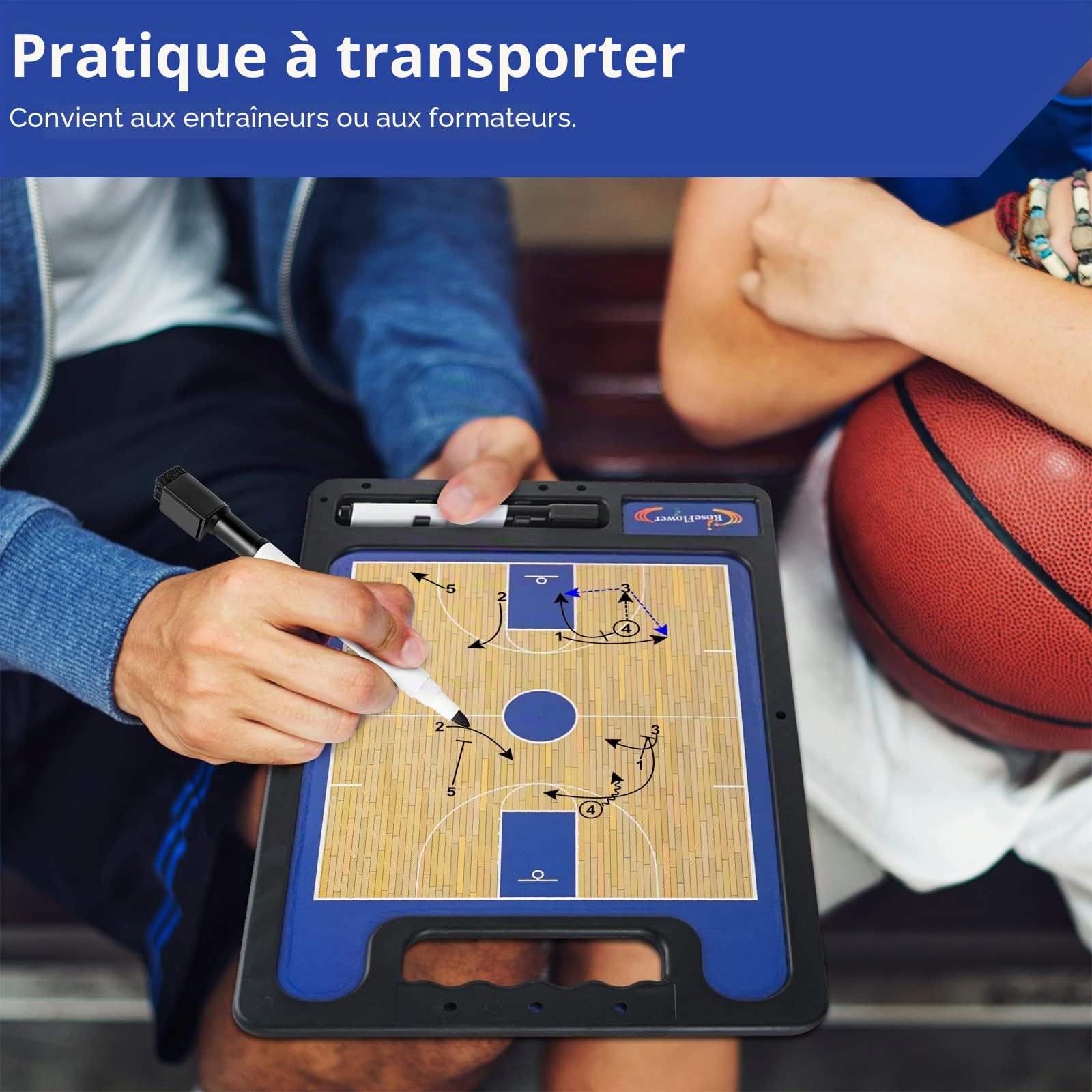 RoseFlower Tableaux Tactiques de Basket-Ball, Entraîneur Board de Basketball Magnétique Panneau Tactique Basketball avec Marqueur et Gomme - Basketball Coach Clipboard pour Entraînement, Compétition