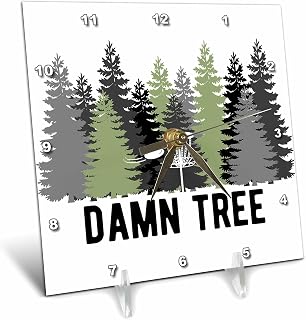 3dRose 6x6 Desk Clock - Damn Tree with disc Golf Basket in a Row of Pines on White Background. Stamp City - Typography - disc Golf