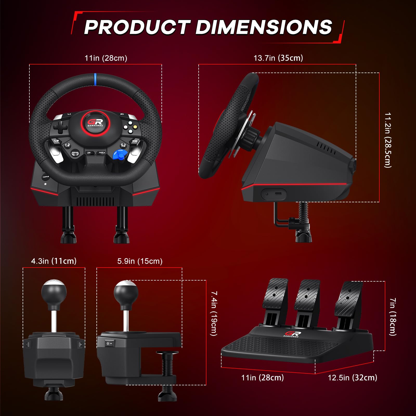 Gamrombo Set di ruote da corsa da 11 pollici per PS5/PS4/PC | con pelle cucita a mano, rotazione di 270°/900°, doppia vibrazione, RGB, Prog Remap, pedale e cambio