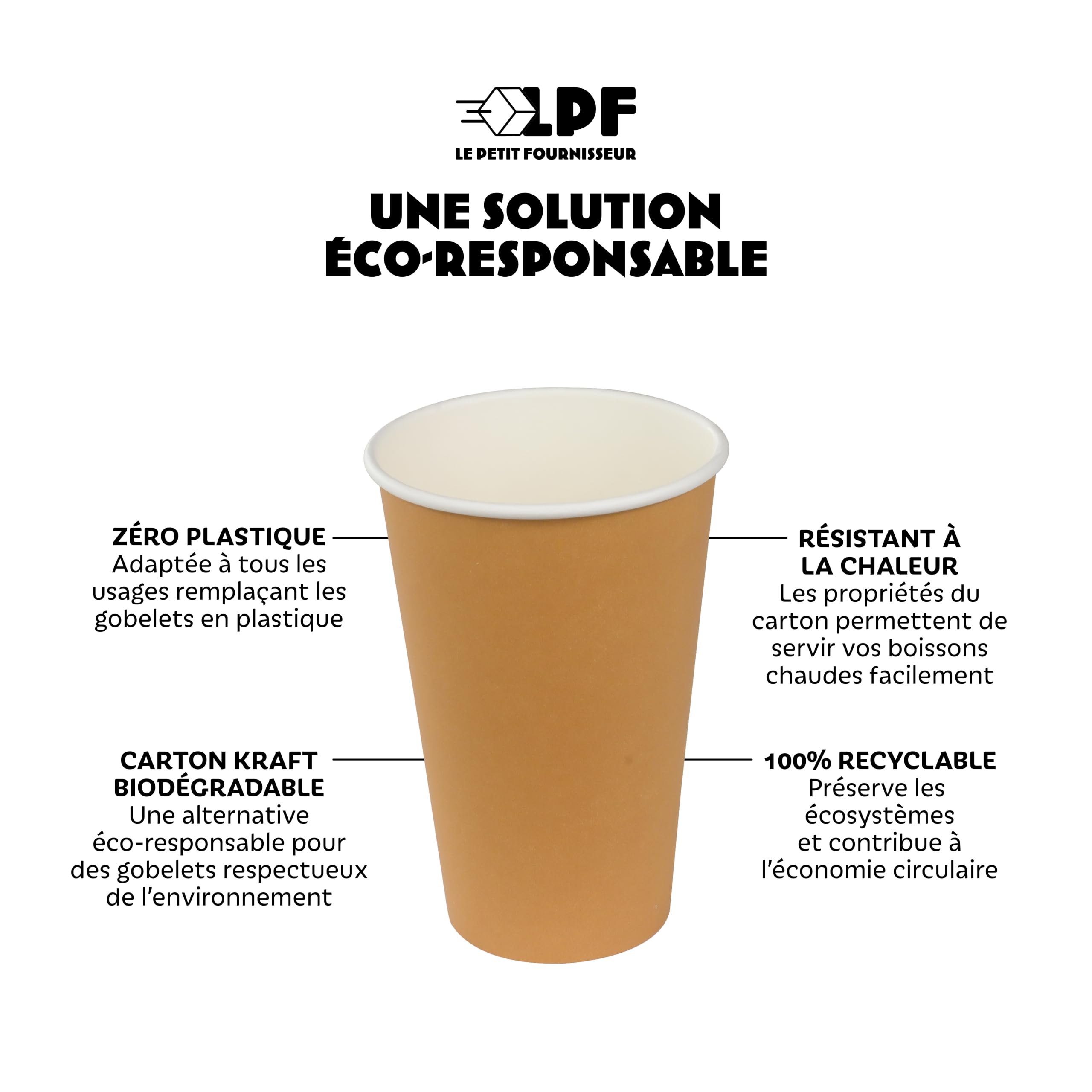 LPF LE PETIT FOURNISSEUR - Lot de 1000 Gobelets jetables en Carton Kraft 30-35cl - Recyclable - Gobelets café, thé, boissons chaudes et froides - Résistant à la chaleur - Couleur Brun