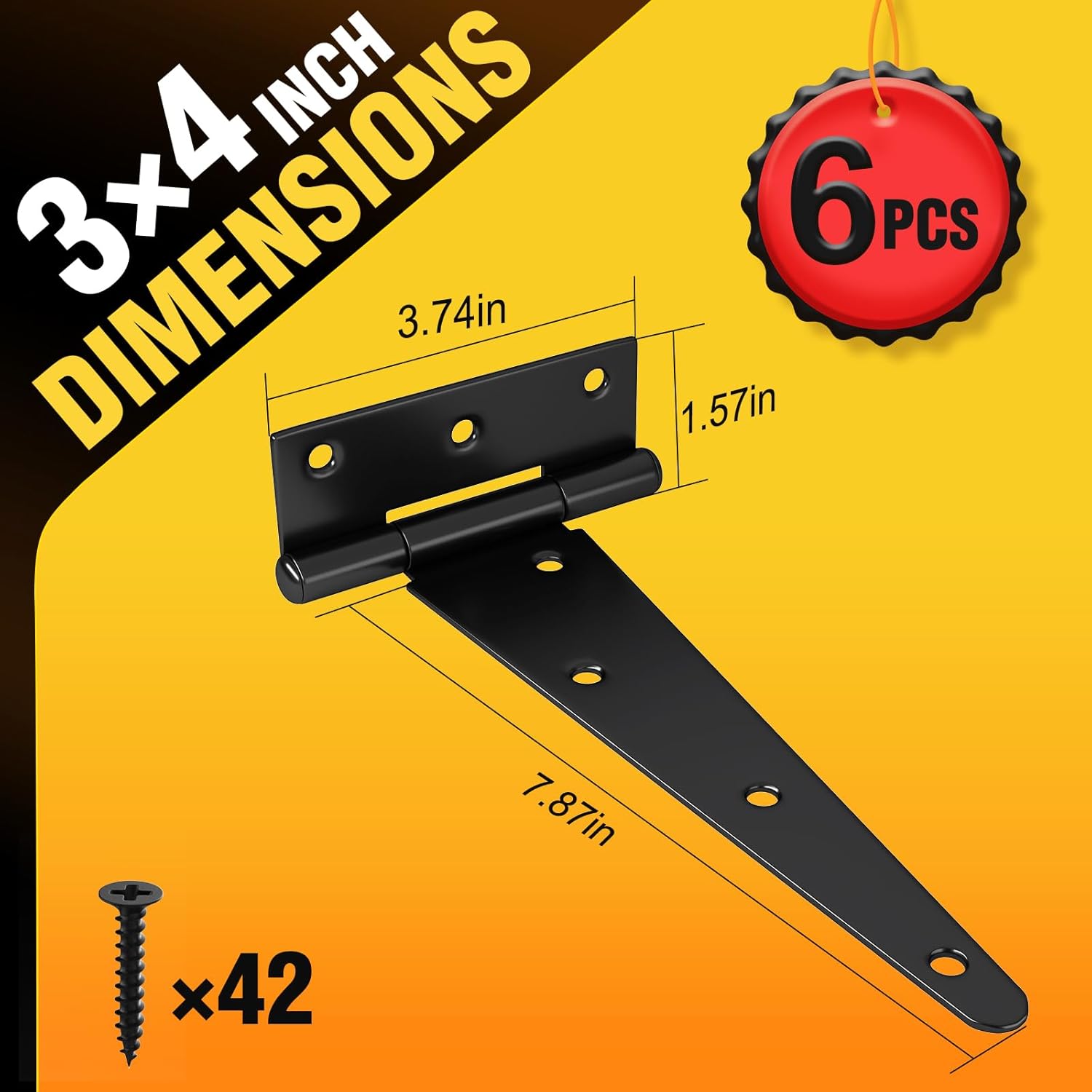 Black Door Hinges, Gate Hinge Heavy Duty Rustproof for Shed Door, Wooden Fences, Barn (6 Pack, 8 inch)