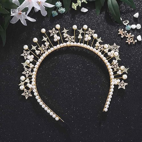 Miniatura 4 de Urieo Corona con halo de estrellas, perlas doradas, diadema de diosa, tiara fina de cristal, accesorios para el cabello hechos a mano para mujeres