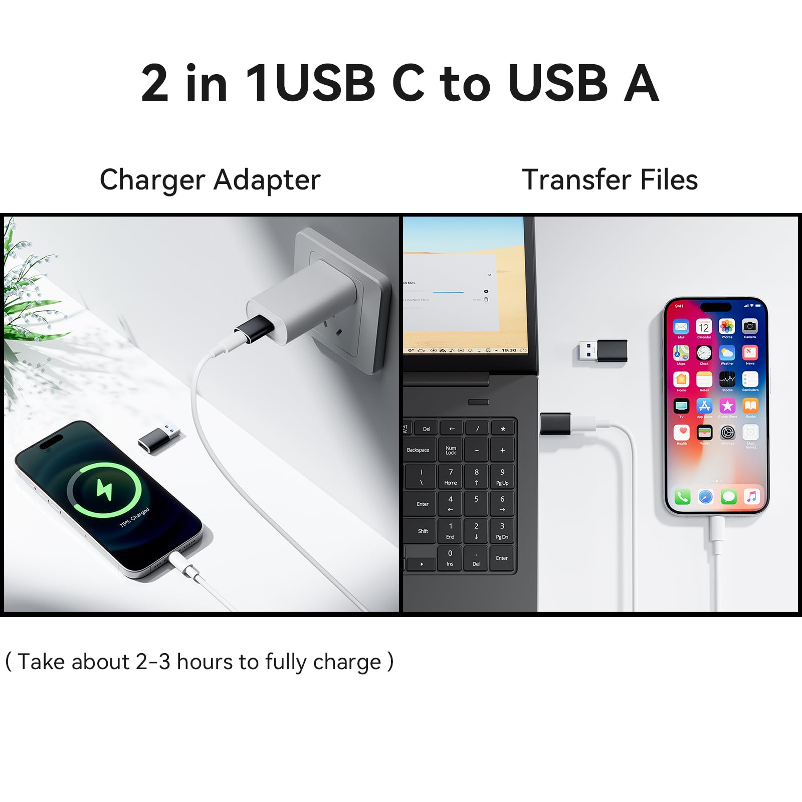 Oumida 【3 sztuki】 Adapter USB na USB C do iPhone 16, 16e, 15, 14 Pro Max Plus, gniazdo typu C na wtyczkę, ładowarka zasilacz do iPad 10 Mini 7 Air 6, Apple Watch 8 9, Samsung Galaxy S25 A55 (czarny)