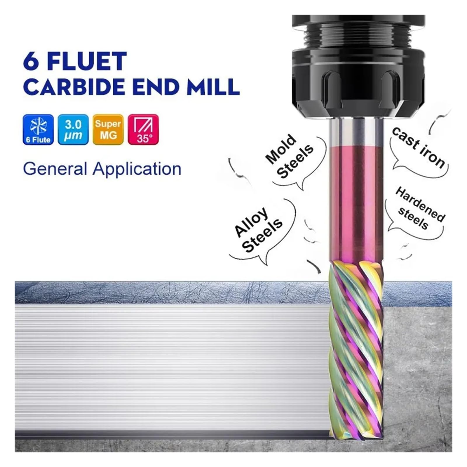 Fresa CNC de 4-16mm, herramienta de fresado en espiral con revestimiento azul, fresa de extremo de carburo de broca enrutadora CNC de 6 flautas(8x35x100L)