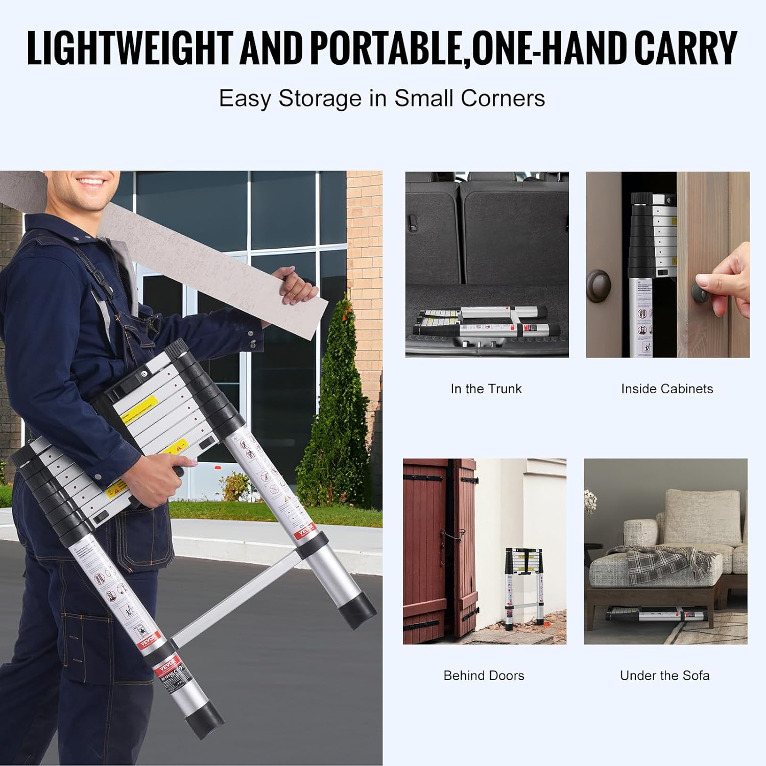 VEVOR Telescoping Ladder, 8.5FT Aluminum Lightweight Extension Ladder, One-Button Retraction Collapsible Ladder, 375 LBS Capacity with Non-Slip Feet, Portable Compact Ladders for Home, RV, Loft - Image 5