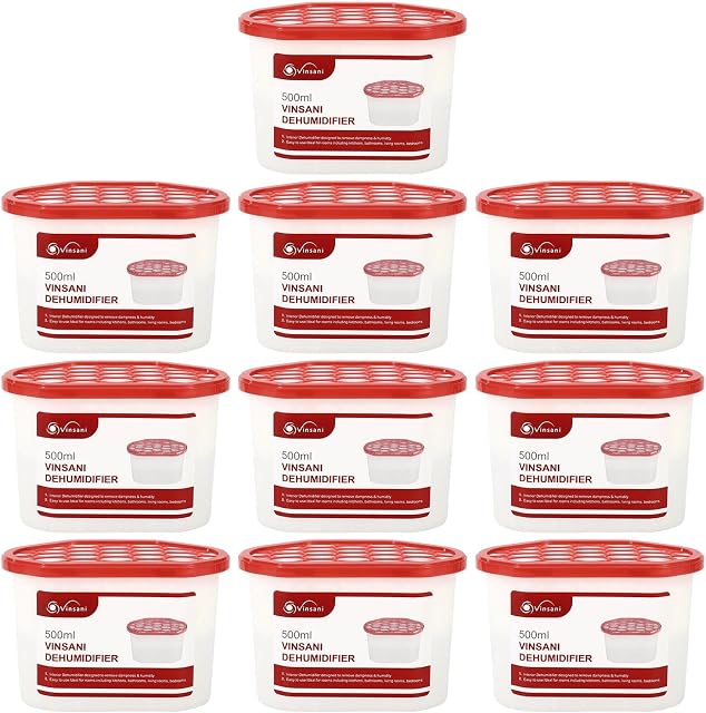 Vinsani Interior Dehumidifier Pack of 10  500mL Moisture Absorber Condensation Remover to Stop Damp, Mould, Moisture in Home Kitchen Wardrobe Bedroom Office Bathroom Basement Garage