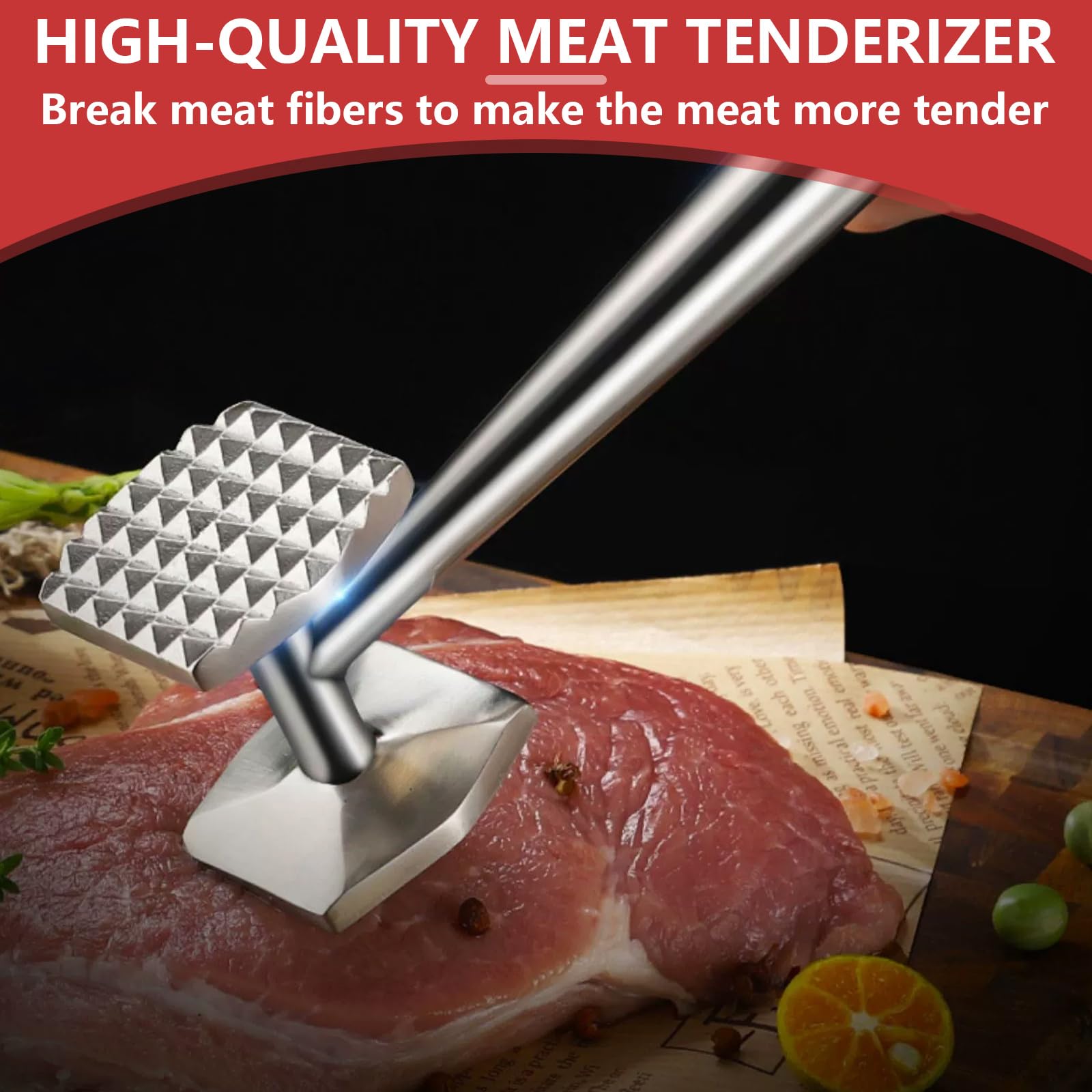Batticarne In Acciaio Inox A Doppia Faccia - Martello Per Bistecche E Braciole, Impugnatura Ergonomica - 2