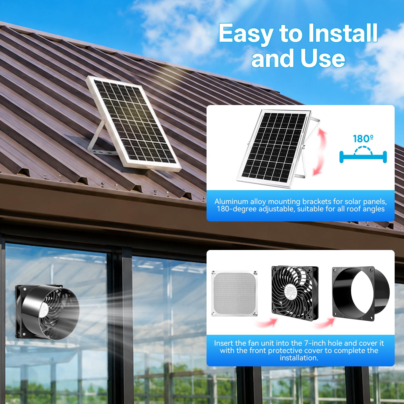 RUIZHI Solar Ventilator Solarlüfter mit Luftschlauch, Wasserdichter Solar Abluftventilator für Haustierhaus, Hühnerstall, Schuppen, Gewächshaus, Fensterabluft – Für effektive Belüftung und Zirkulation