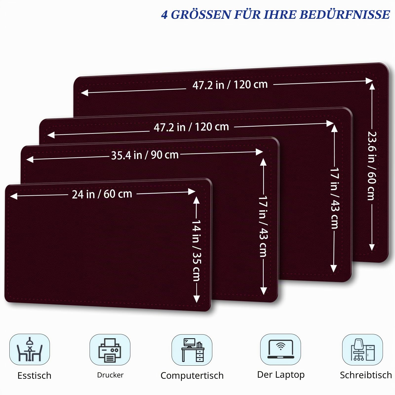Rutschfest Schreibtischunterlage, 60 x 35 cm großes Mauspad mit Leder und Rutchfeste Wildleder, wasserfeste Laptop Tischunterlage, Tisch-Schutz Unterlag für Büro/Haus/Deko (Burgunderrot)