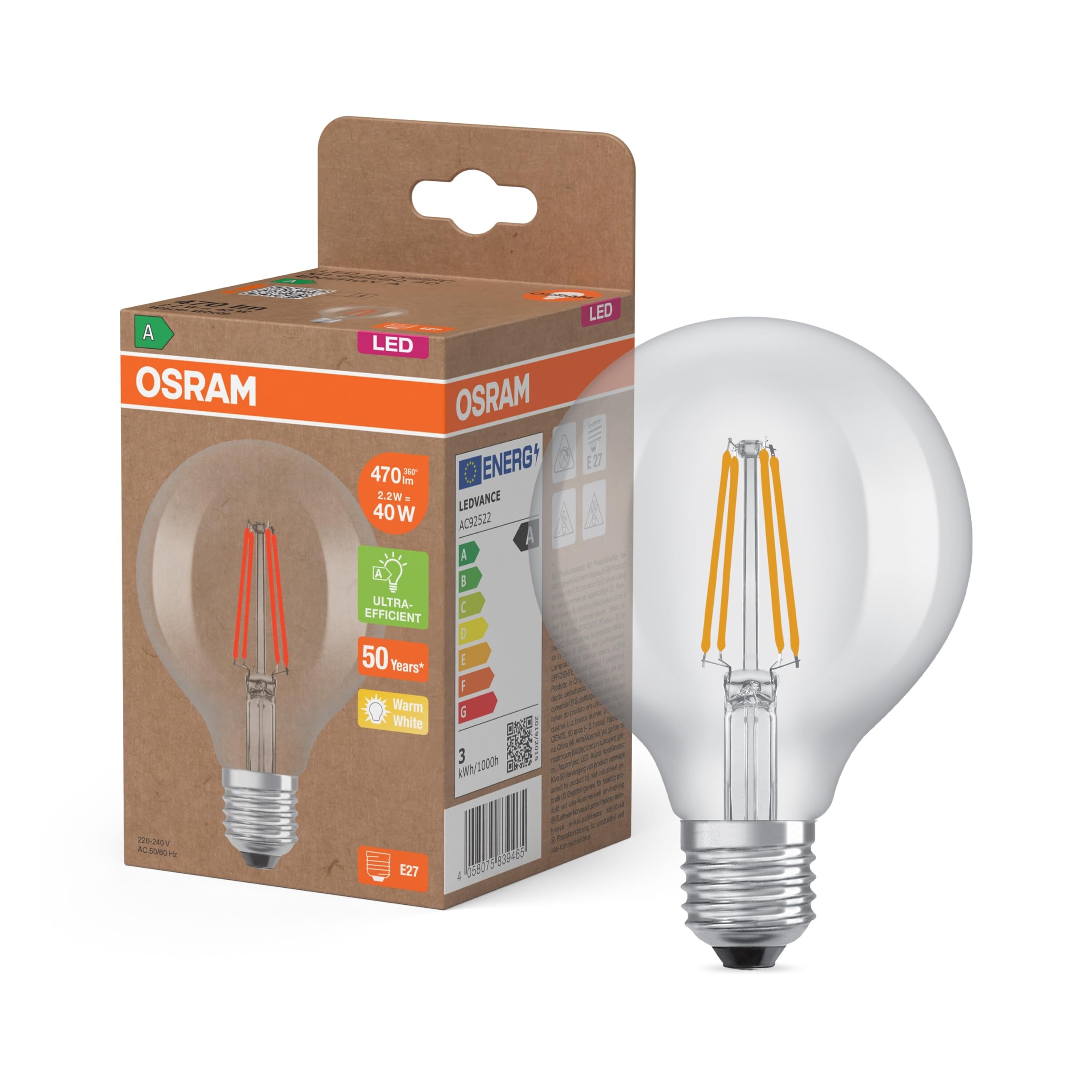 Osram Led Bulb Globe G80 E27 2.2W Filament Led Bulb 2,700K