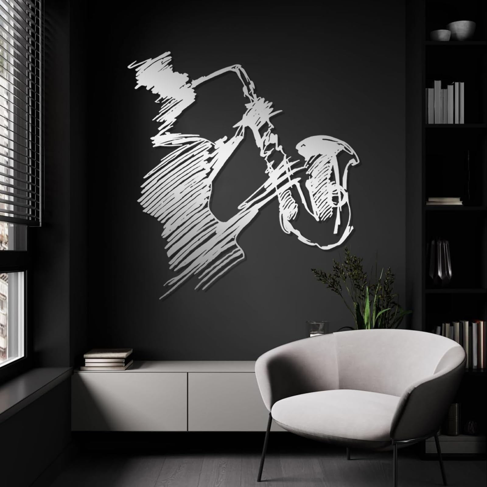 Decorazione da Parete in Metallo con Sassofono, Musica Astratta, Decorazioni con Linee astratte, Decorazione da Musicista, Cartello Jazz per Soggiorno, Studio (Argento 20