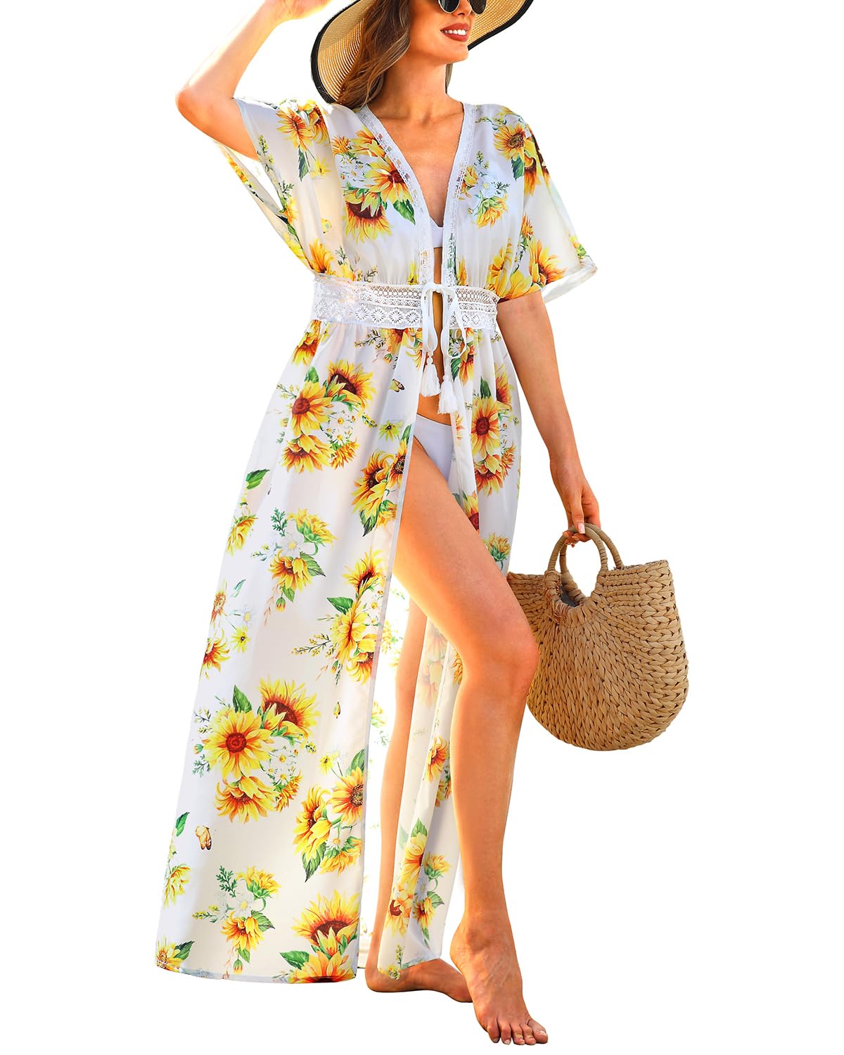 (Size S) Women's Swimwear Cover Ups Tie Front Swimsuit Kimono Cardigan Long Flowy Beachwear