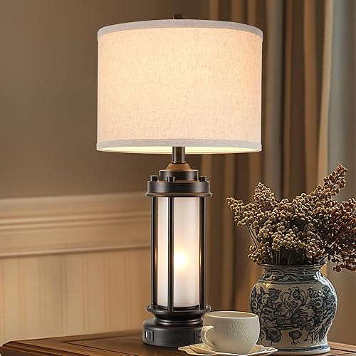 Miniatura 7 de Juego de 2 lámparas de mesa modernas para sala de estar, dormitorio, lámpara de metal industrial retro negra de 25 pulgadas con luz nocturna de